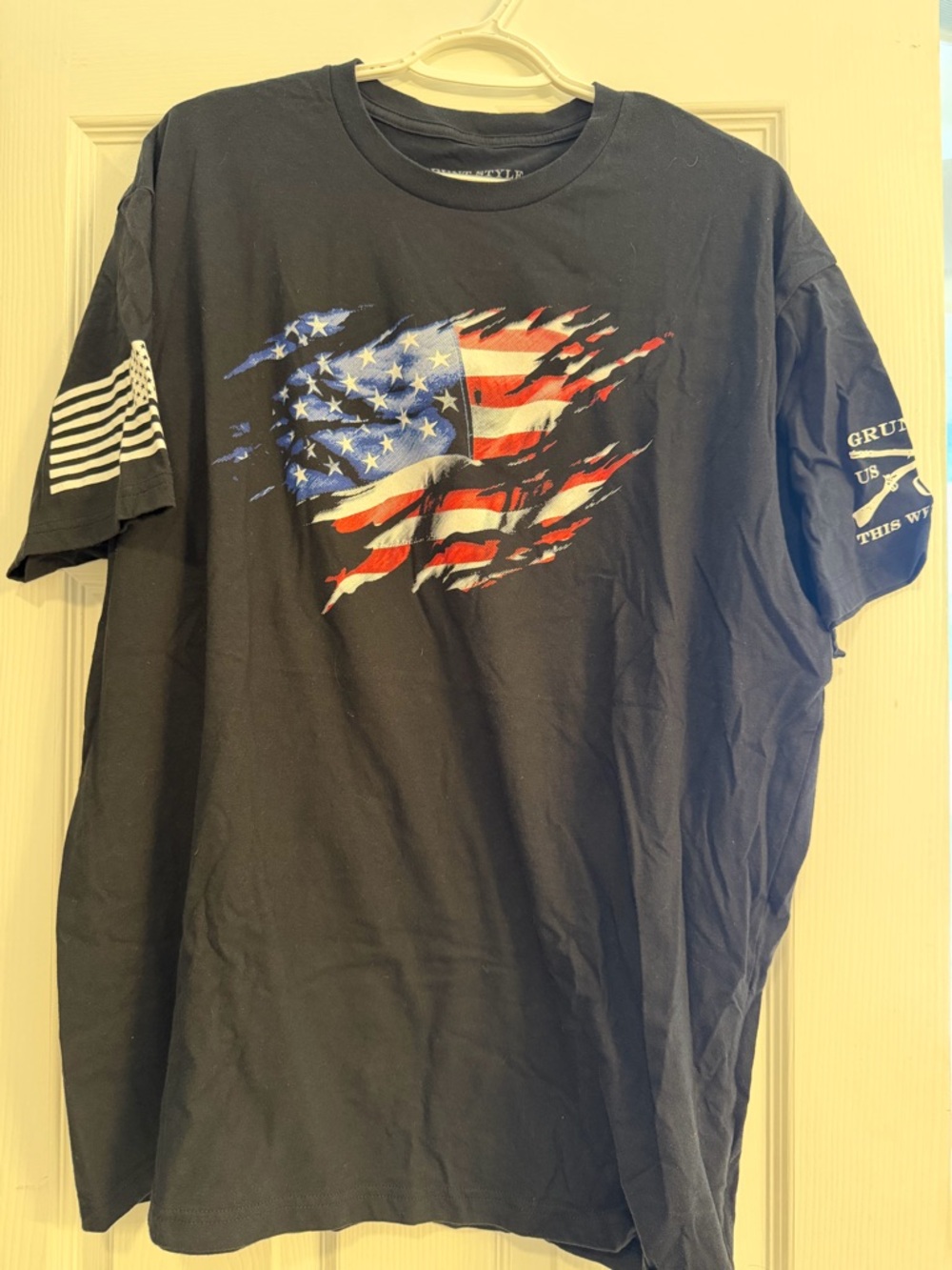 Grunt Style Black Tee with Distressed Red, White & Blue Flag